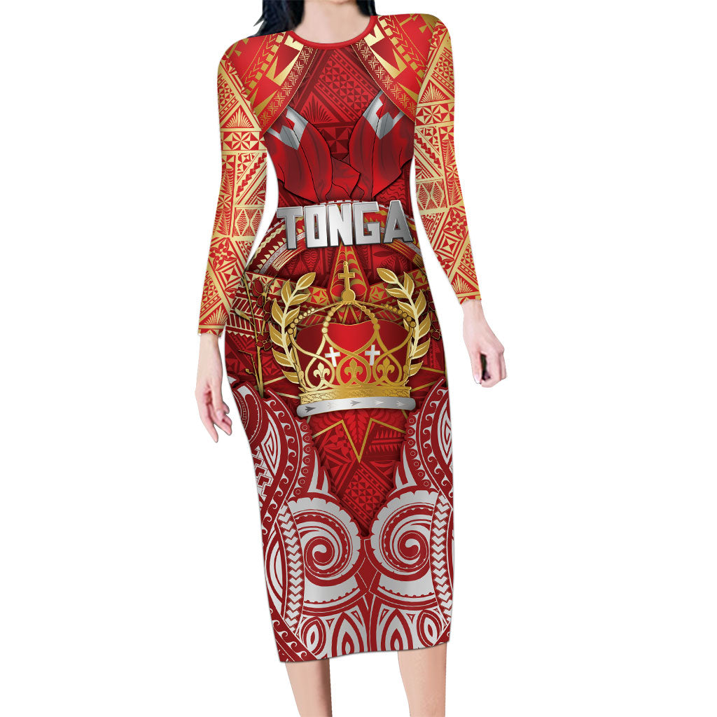 Tonga King's Birthday Family Matching Long Sleeve Bodycon Dress and Hawaiian Shirt Gold Royal Crown Tribal Patterns DT05 Mom's Dress Red - Polynesian Pride
