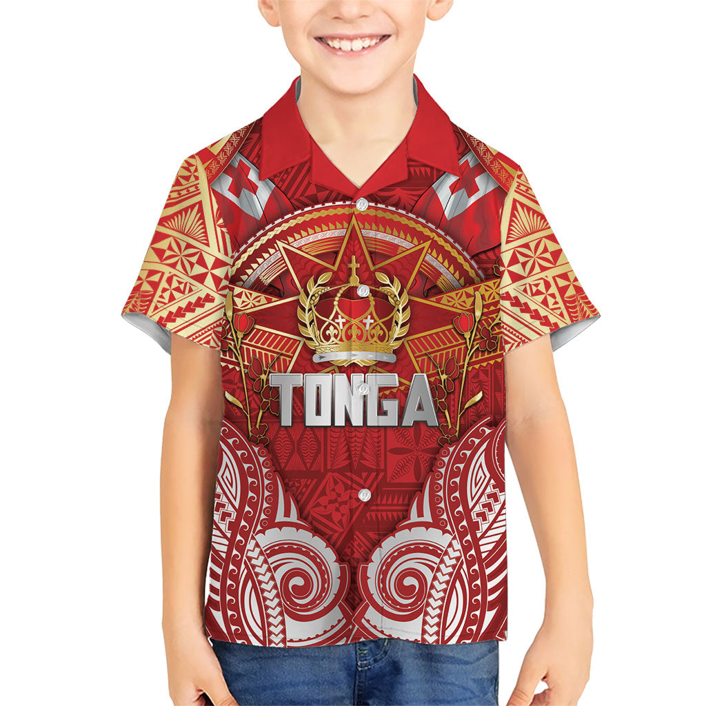 Tonga King's Birthday Family Matching Long Sleeve Bodycon Dress and Hawaiian Shirt Gold Royal Crown Tribal Patterns DT05 Son's Shirt Red - Polynesian Pride