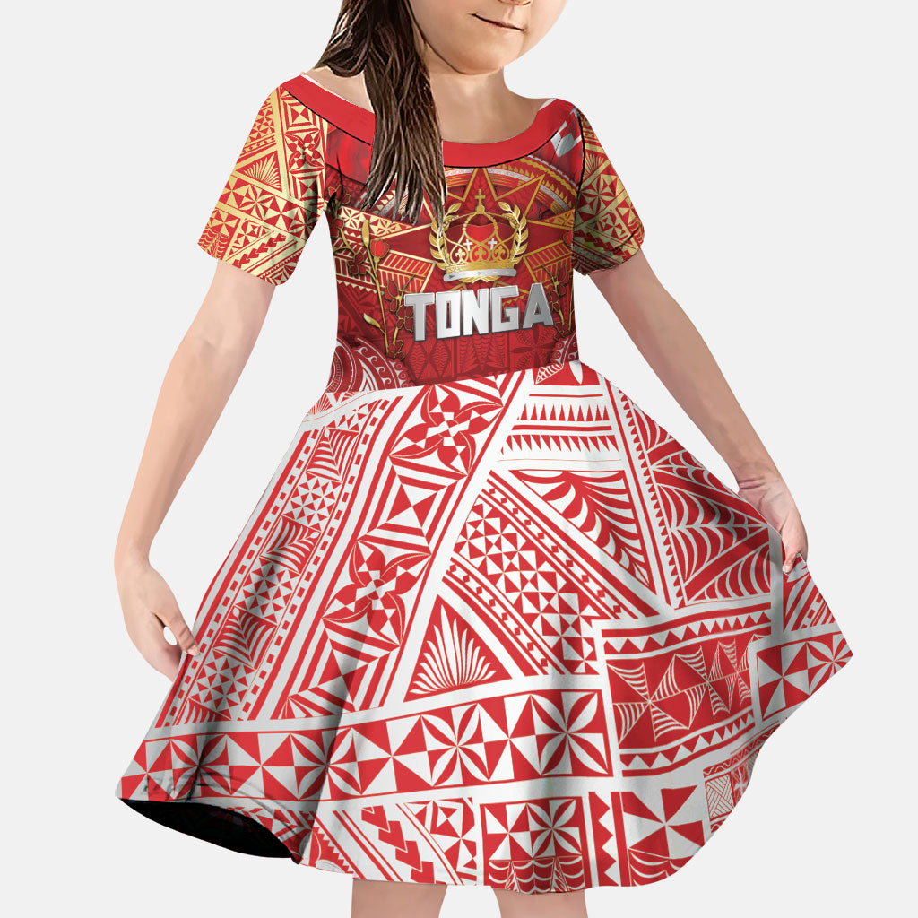 Tonga King's Birthday Family Matching Off Shoulder Maxi Dress and Hawaiian Shirt Gold Royal Crown Tribal Patterns DT05 Daughter's Dress Red - Polynesian Pride