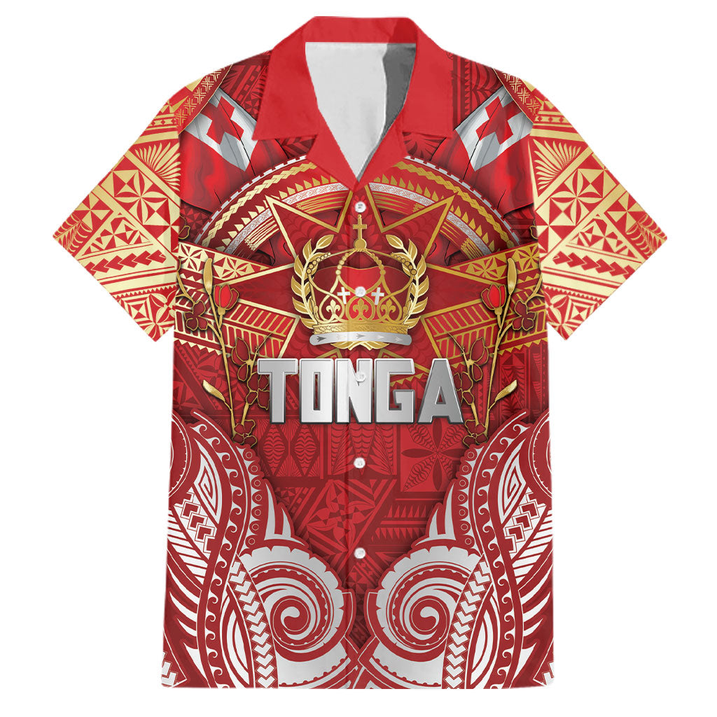 Tonga King's Birthday Family Matching Off Shoulder Short Dress and Hawaiian Shirt Gold Royal Crown Tribal Patterns DT05 Dad's Shirt - Short Sleeve Red - Polynesian Pride