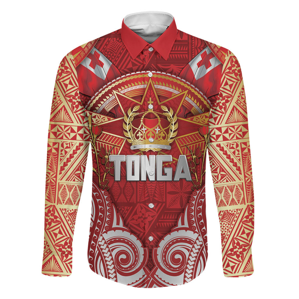Tonga King's Birthday Family Matching Off Shoulder Short Dress and Hawaiian Shirt Gold Royal Crown Tribal Patterns DT05 Dad's Shirt - Long Sleeve Red - Polynesian Pride