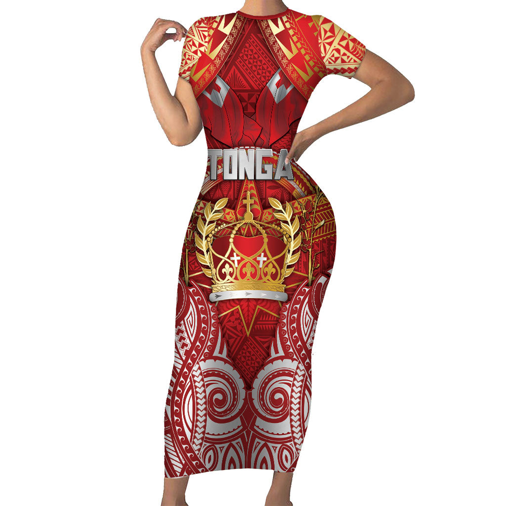 Tonga King's Birthday Family Matching Short Sleeve Bodycon Dress and Hawaiian Shirt Gold Royal Crown Tribal Patterns DT05 Mom's Dress Red - Polynesian Pride