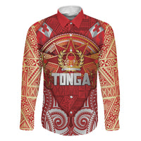 Tonga King's Birthday Family Matching Summer Maxi Dress and Hawaiian Shirt Gold Royal Crown Tribal Patterns DT05 Dad's Shirt - Long Sleeve Red - Polynesian Pride