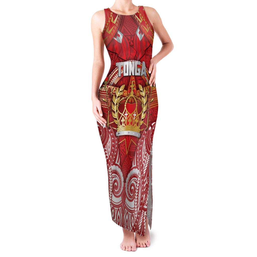 Tonga King's Birthday Family Matching Tank Maxi Dress and Hawaiian Shirt Gold Royal Crown Tribal Patterns DT05 Mom's Dress Red - Polynesian Pride