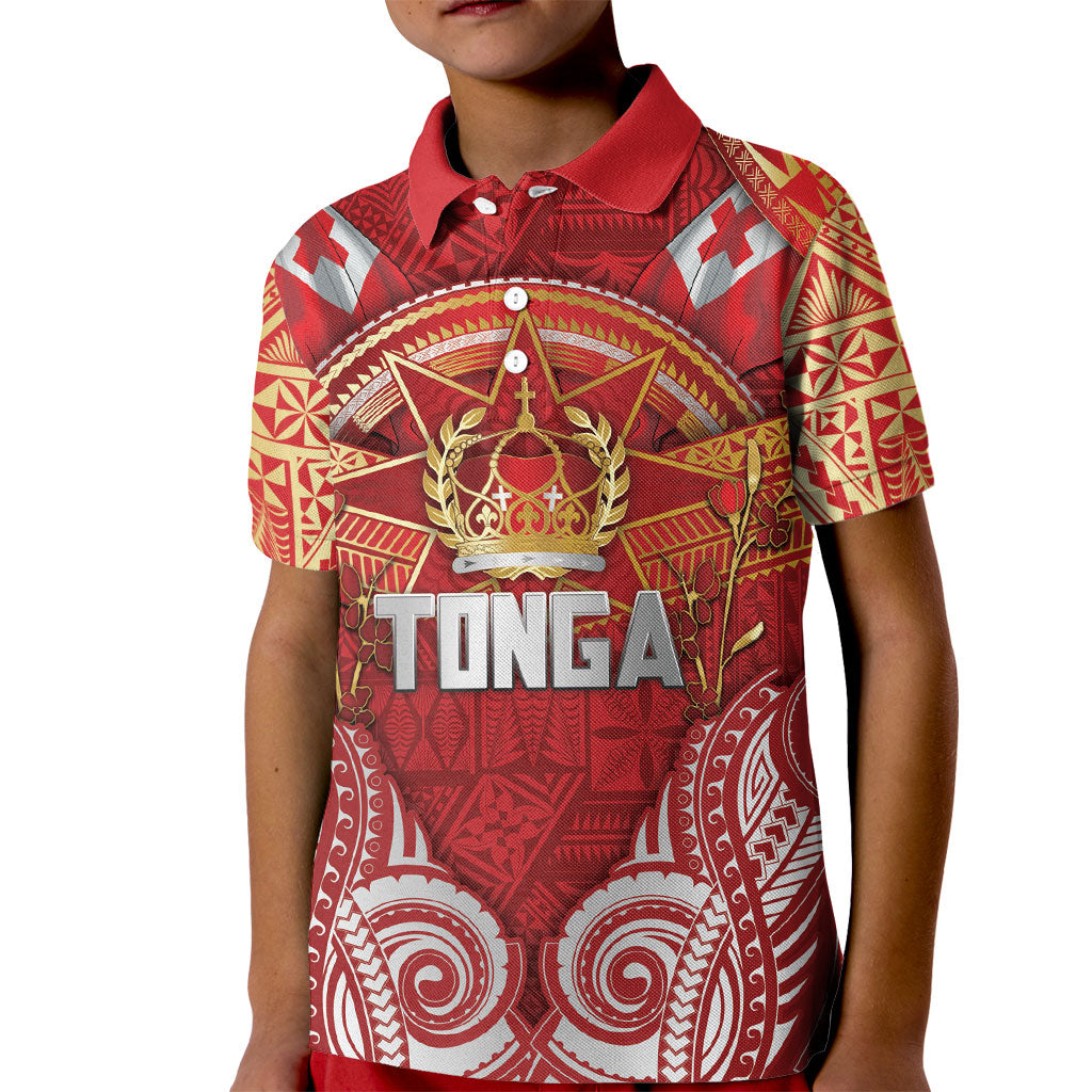 Tonga King's Birthday Kid Polo Shirt Gold Royal Crown Tribal Patterns