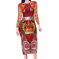 Tonga King's Birthday Long Sleeve Bodycon Dress Gold Royal Crown Tribal Patterns