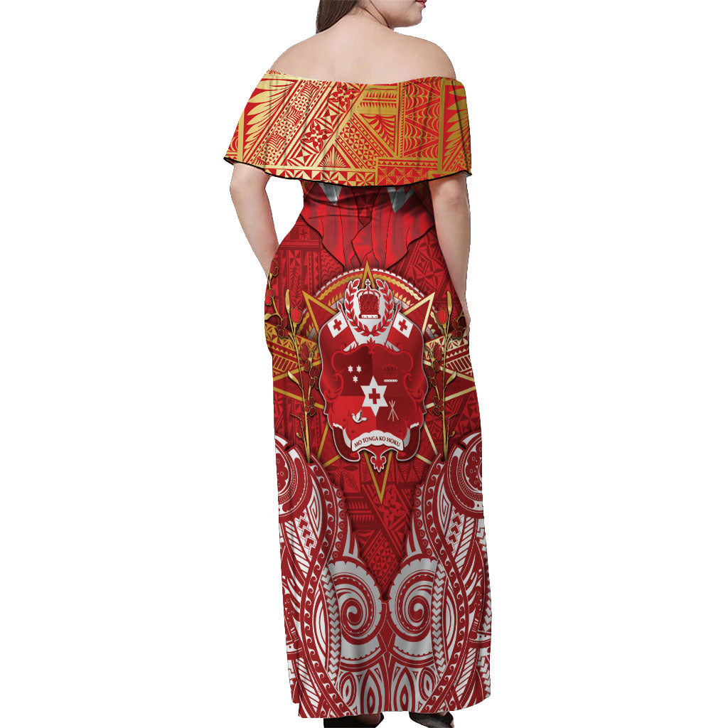 Tonga King's Birthday Off Shoulder Maxi Dress Gold Royal Crown Tribal Patterns