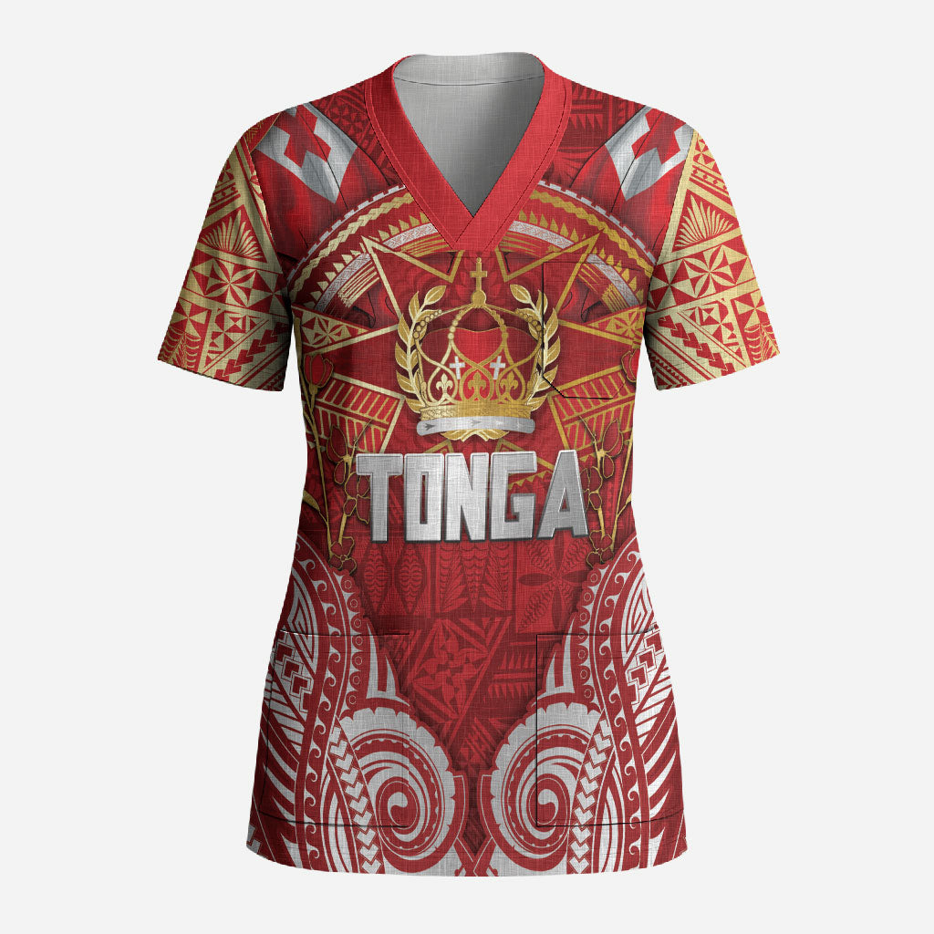 Tonga King's Birthday Scrub Top Gold Royal Crown Tribal Patterns DT05 Adult Red - Polynesian Pride