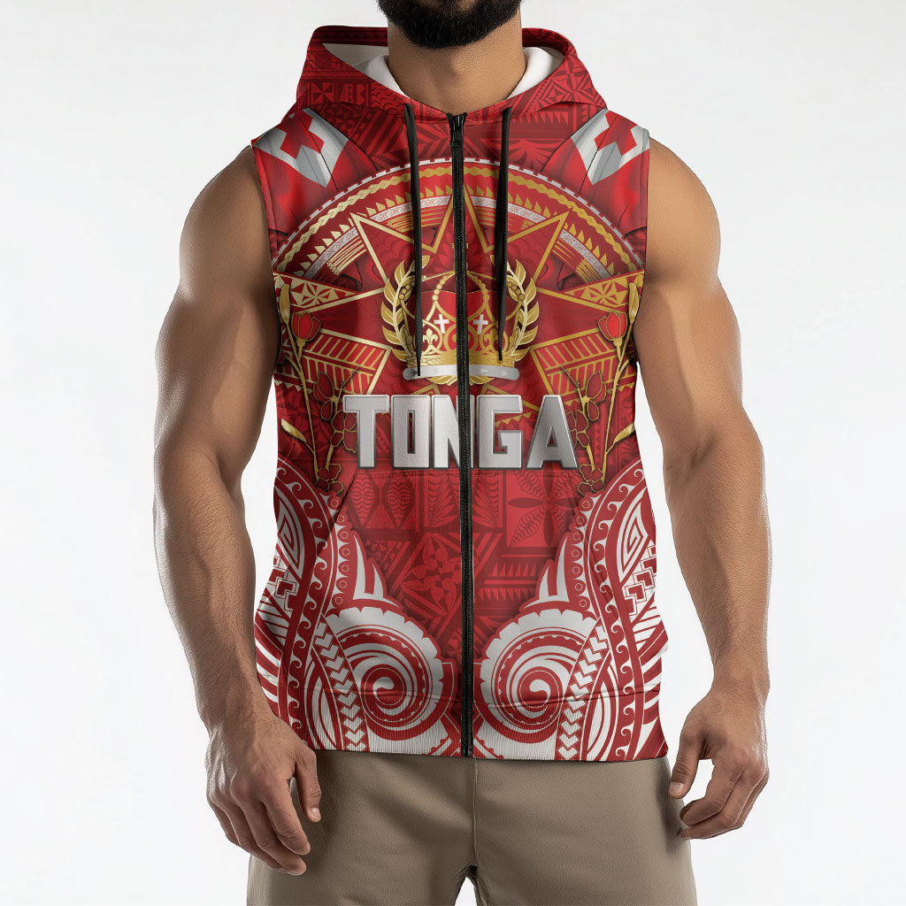Tonga King's Birthday Sleeveless Zip Hoodie Gold Royal Crown Tribal Patterns