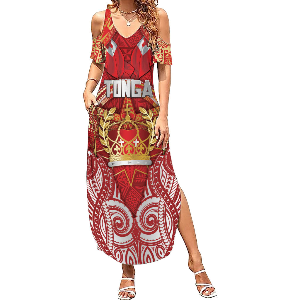 Tonga King's Birthday Summer Maxi Dress Gold Royal Crown Tribal Patterns DT05 Women Red - Polynesian Pride