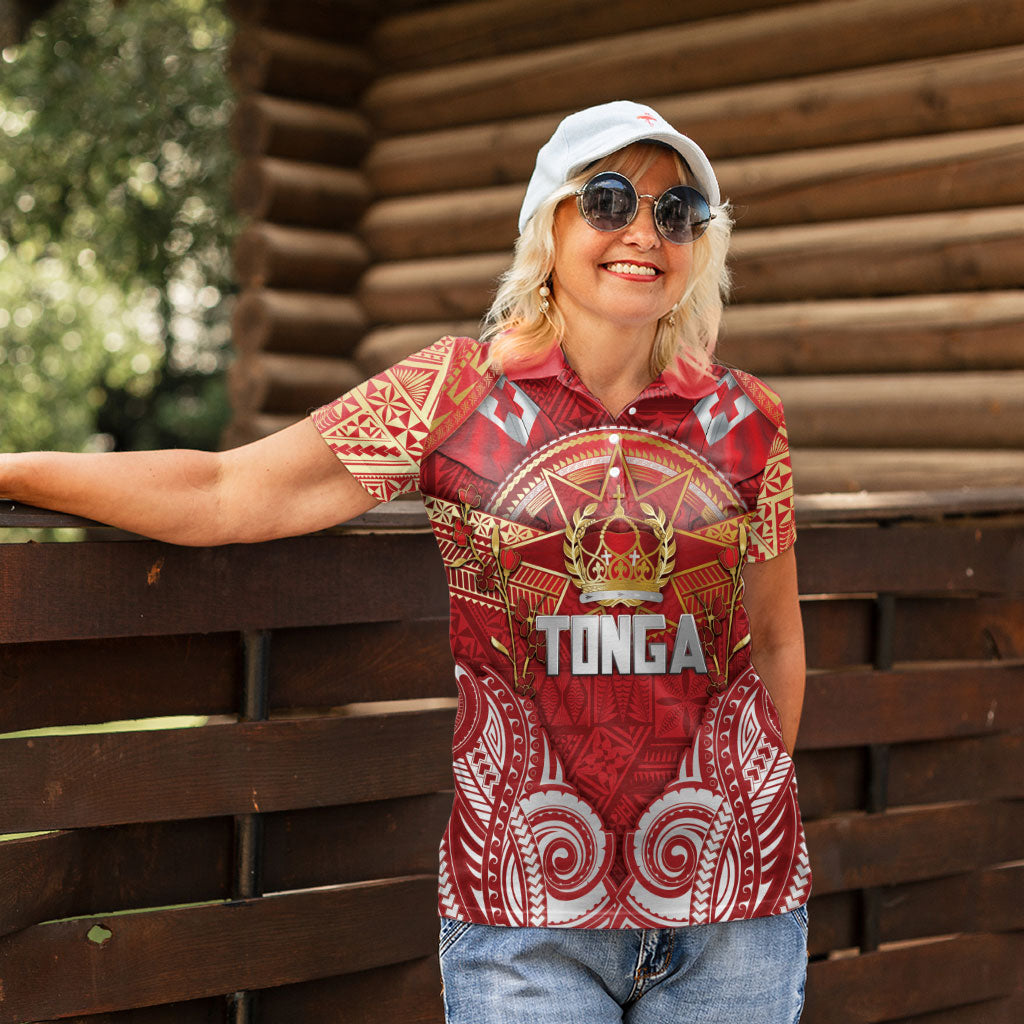 Tonga King's Birthday Women Polo Shirt Gold Royal Crown Tribal Patterns