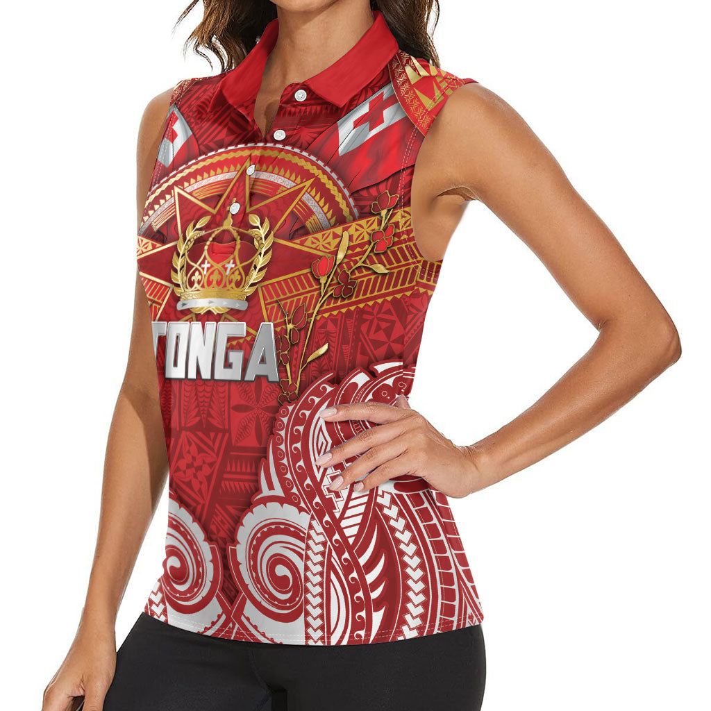 Tonga King's Birthday Women Sleeveless Polo Shirt Gold Royal Crown Tribal Patterns