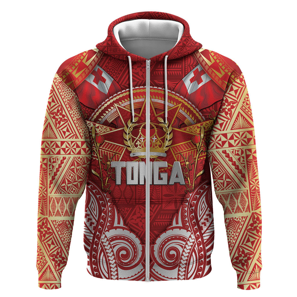 Tonga King's Birthday Zip Hoodie Gold Royal Crown Tribal Patterns DT05 Zip Hoodie Red - Polynesian Pride