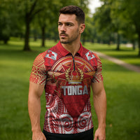 Tonga King's Birthday Zipper Polo Shirt Gold Royal Crown Tribal Patterns