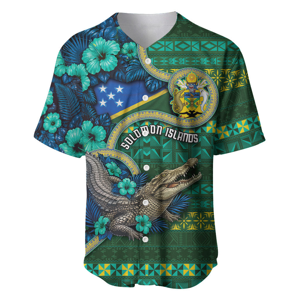 Personalised Solomon Islands Independence Day Baseball Jersey Crocodile Hibiscus Tribal Pattern DT05 Green - Polynesian Pride