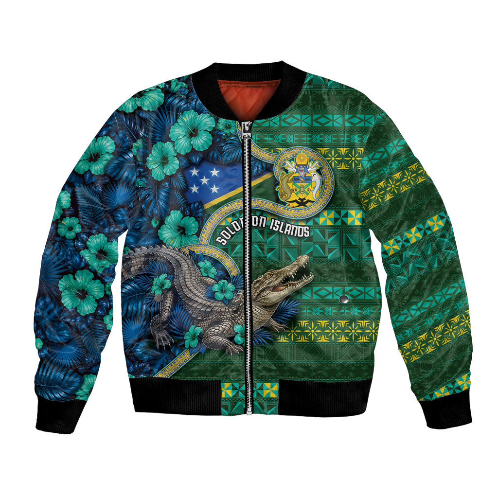 Personalised Solomon Islands Independence Day Bomber Jacket Crocodile Hibiscus Tribal Pattern DT05 Unisex Green - Polynesian Pride