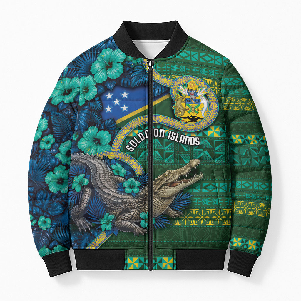 Personalised Solomon Islands Independence Day Bomber Puffer Jacket Crocodile Hibiscus Tribal Pattern DT05 Unisex Green - Polynesian Pride