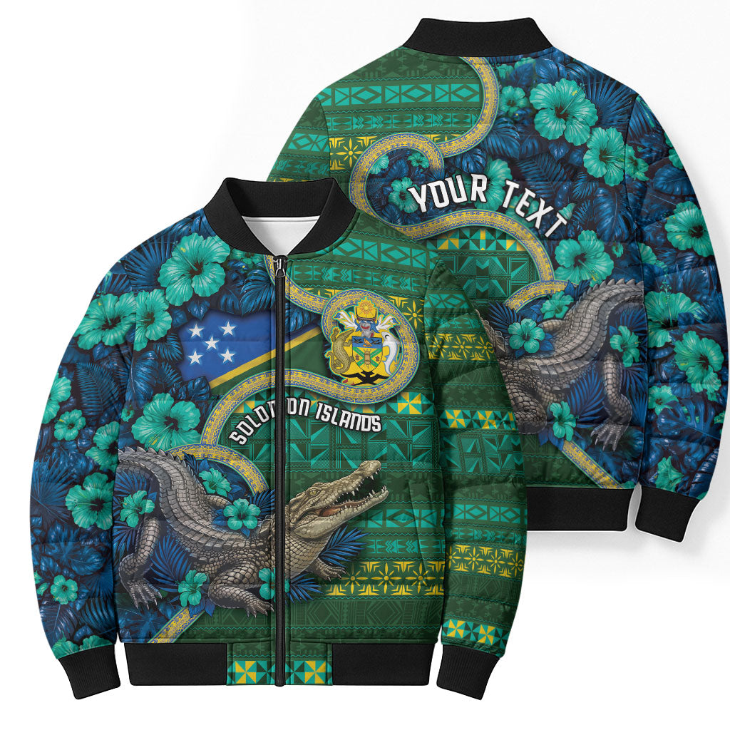 Personalised Solomon Islands Independence Day Bomber Puffer Jacket Crocodile Hibiscus Tribal Pattern DT05 - Polynesian Pride