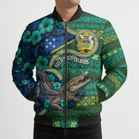 Personalised Solomon Islands Independence Day Bomber Puffer Jacket Crocodile Hibiscus Tribal Pattern DT05 - Polynesian Pride