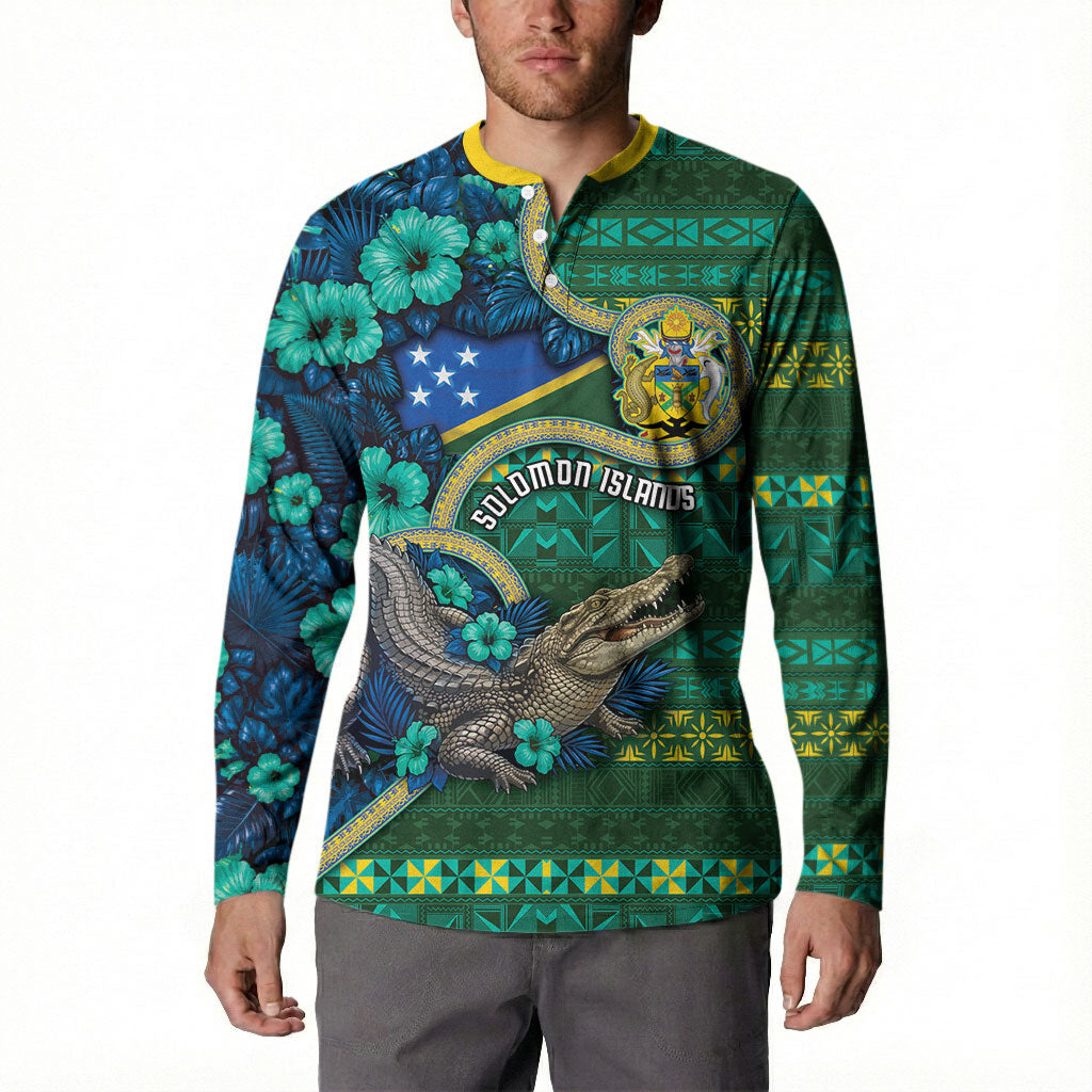 Personalised Solomon Islands Independence Day Button Sweatshirt Crocodile Hibiscus Tribal Pattern DT05 - Polynesian Pride
