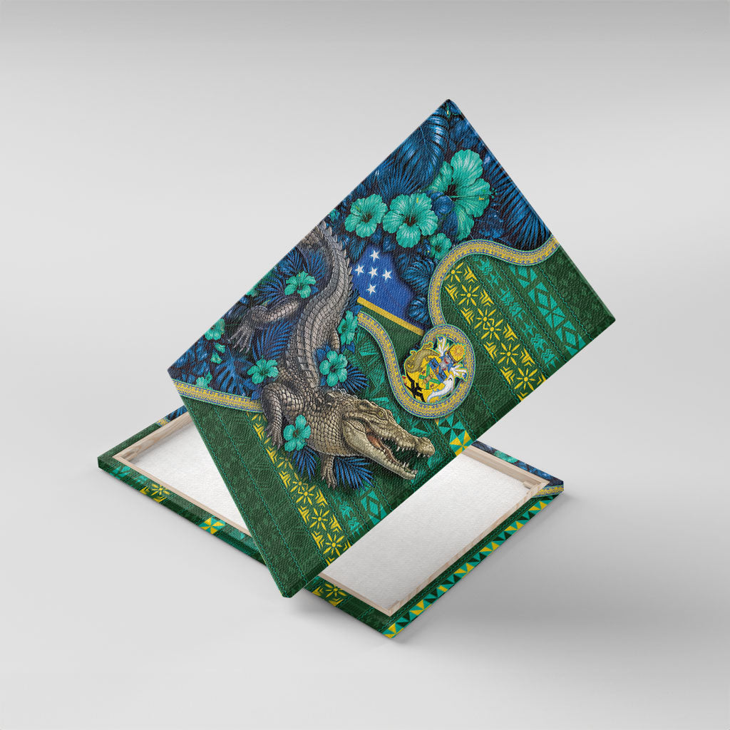 Solomon Islands Independence Day Canvas Wall Art Crocodile Hibiscus Tribal Pattern DT05 With Frame Green - Polynesian Pride