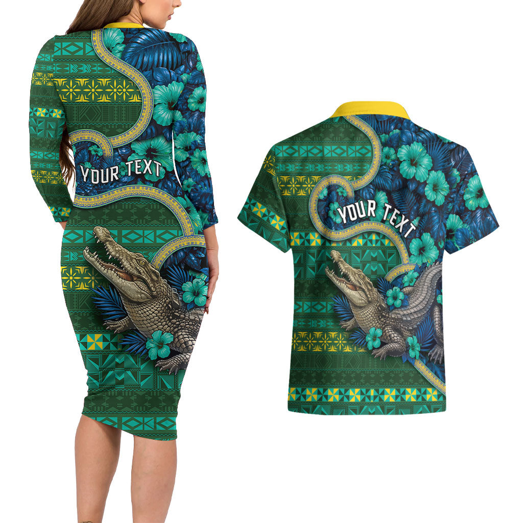 Personalised Solomon Islands Independence Day Couples Matching Long Sleeve Bodycon Dress and Hawaiian Shirt Crocodile Hibiscus Tribal Pattern DT05 - Polynesian Pride