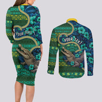 Personalised Solomon Islands Independence Day Couples Matching Long Sleeve Bodycon Dress and Long Sleeve Button Shirt Crocodile Hibiscus Tribal Pattern DT05 - Polynesian Pride