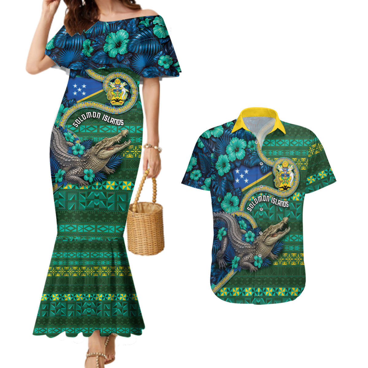 Personalised Solomon Islands Independence Day Couples Matching Mermaid Dress and Hawaiian Shirt Crocodile Hibiscus Tribal Pattern DT05 Green - Polynesian Pride