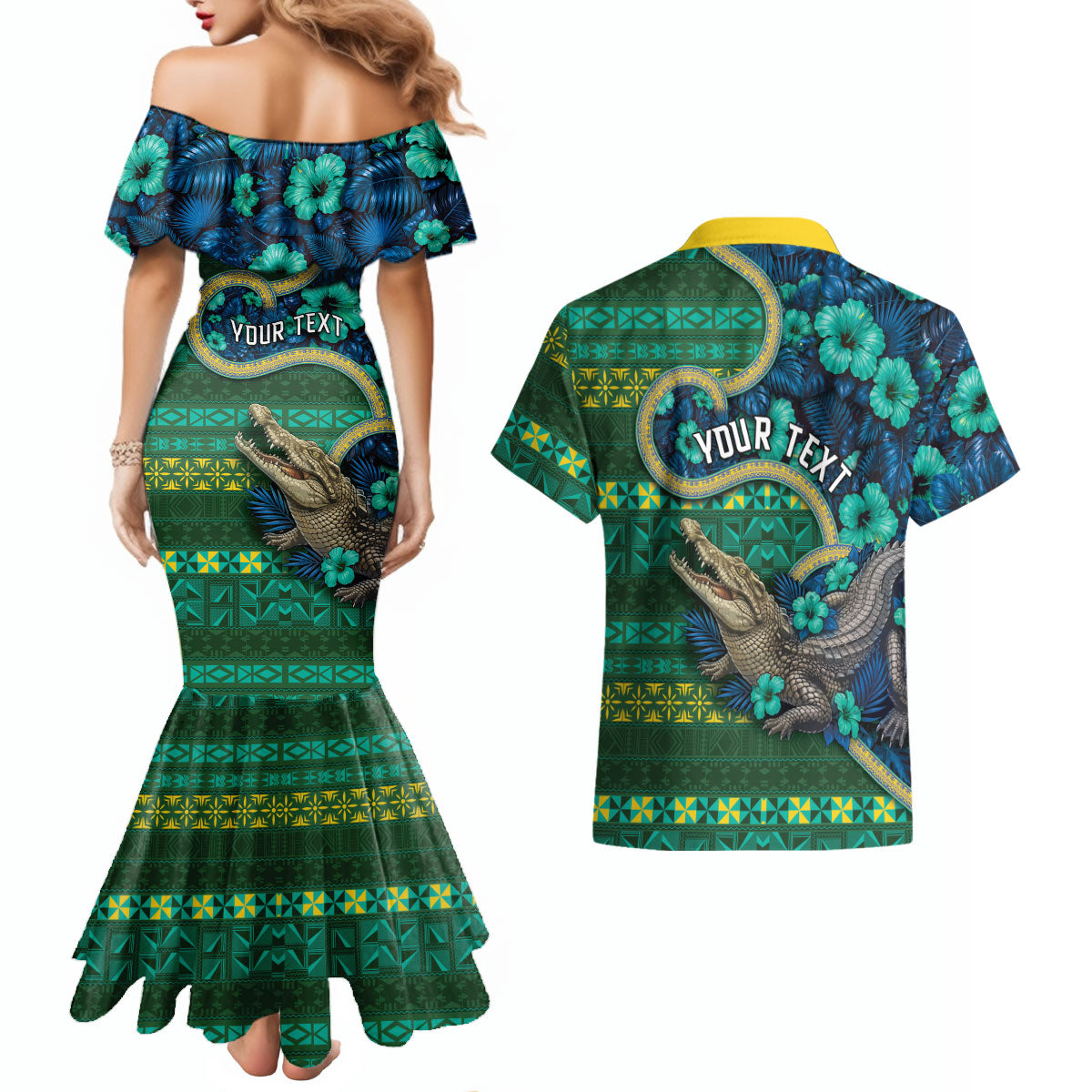Personalised Solomon Islands Independence Day Couples Matching Mermaid Dress and Hawaiian Shirt Crocodile Hibiscus Tribal Pattern DT05 - Polynesian Pride