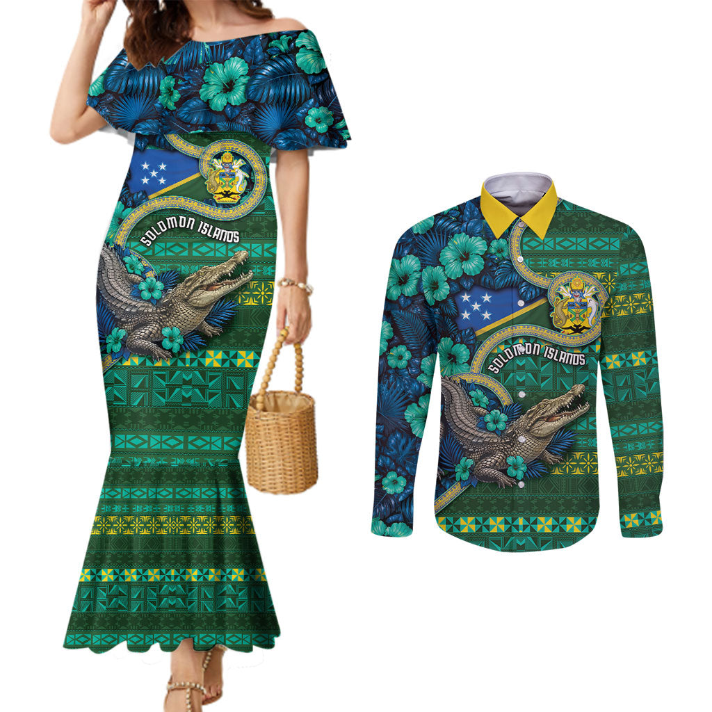 Personalised Solomon Islands Independence Day Couples Matching Mermaid Dress and Long Sleeve Button Shirt Crocodile Hibiscus Tribal Pattern DT05 Green - Polynesian Pride
