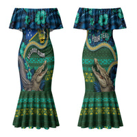 Personalised Solomon Islands Independence Day Couples Matching Mermaid Dress and Long Sleeve Button Shirt Crocodile Hibiscus Tribal Pattern DT05 - Polynesian Pride