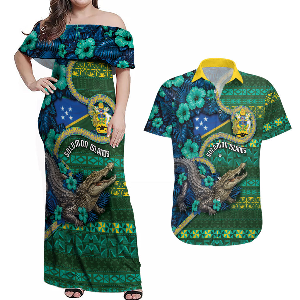 Personalised Solomon Islands Independence Day Couples Matching Off Shoulder Maxi Dress and Hawaiian Shirt Crocodile Hibiscus Tribal Pattern DT05 Green - Polynesian Pride