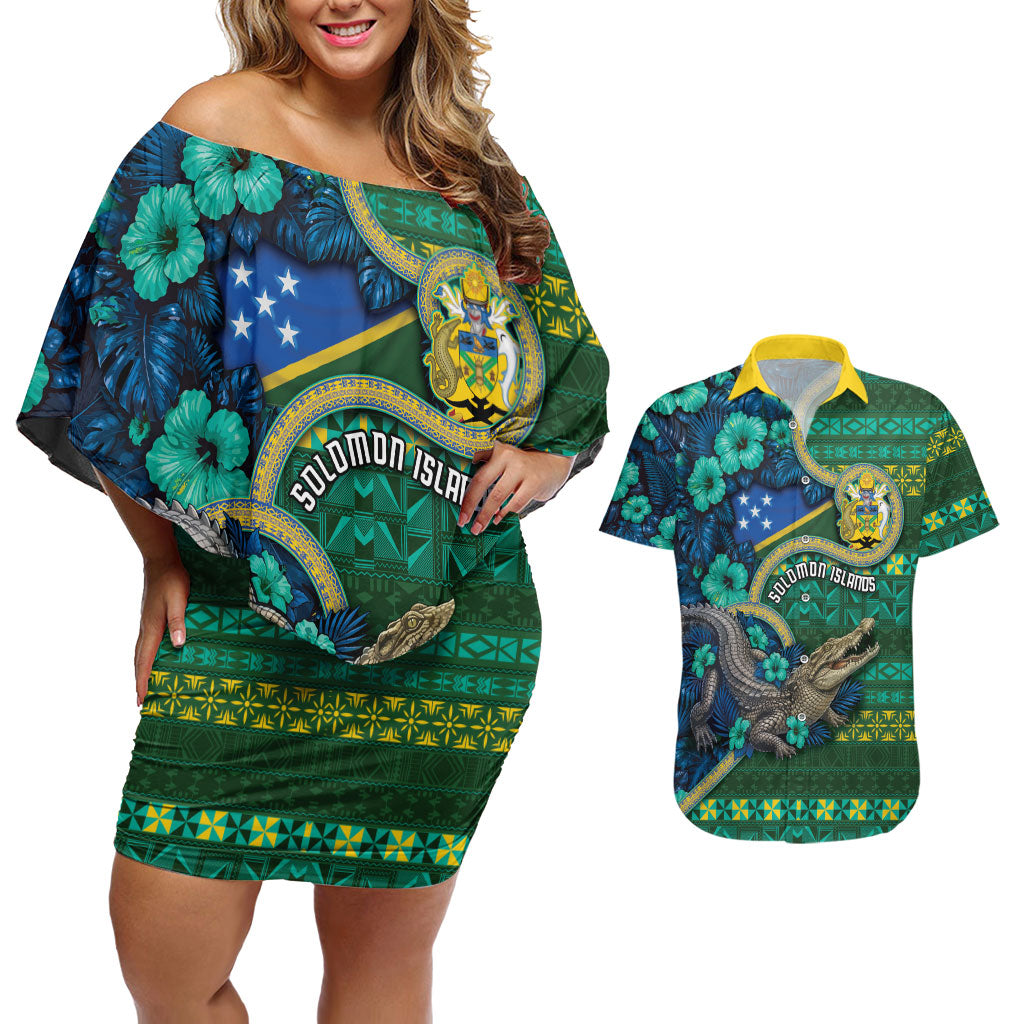 Personalised Solomon Islands Independence Day Couples Matching Off Shoulder Short Dress and Hawaiian Shirt Crocodile Hibiscus Tribal Pattern DT05 Green - Polynesian Pride