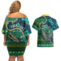 Personalised Solomon Islands Independence Day Couples Matching Off Shoulder Short Dress and Hawaiian Shirt Crocodile Hibiscus Tribal Pattern DT05 - Polynesian Pride