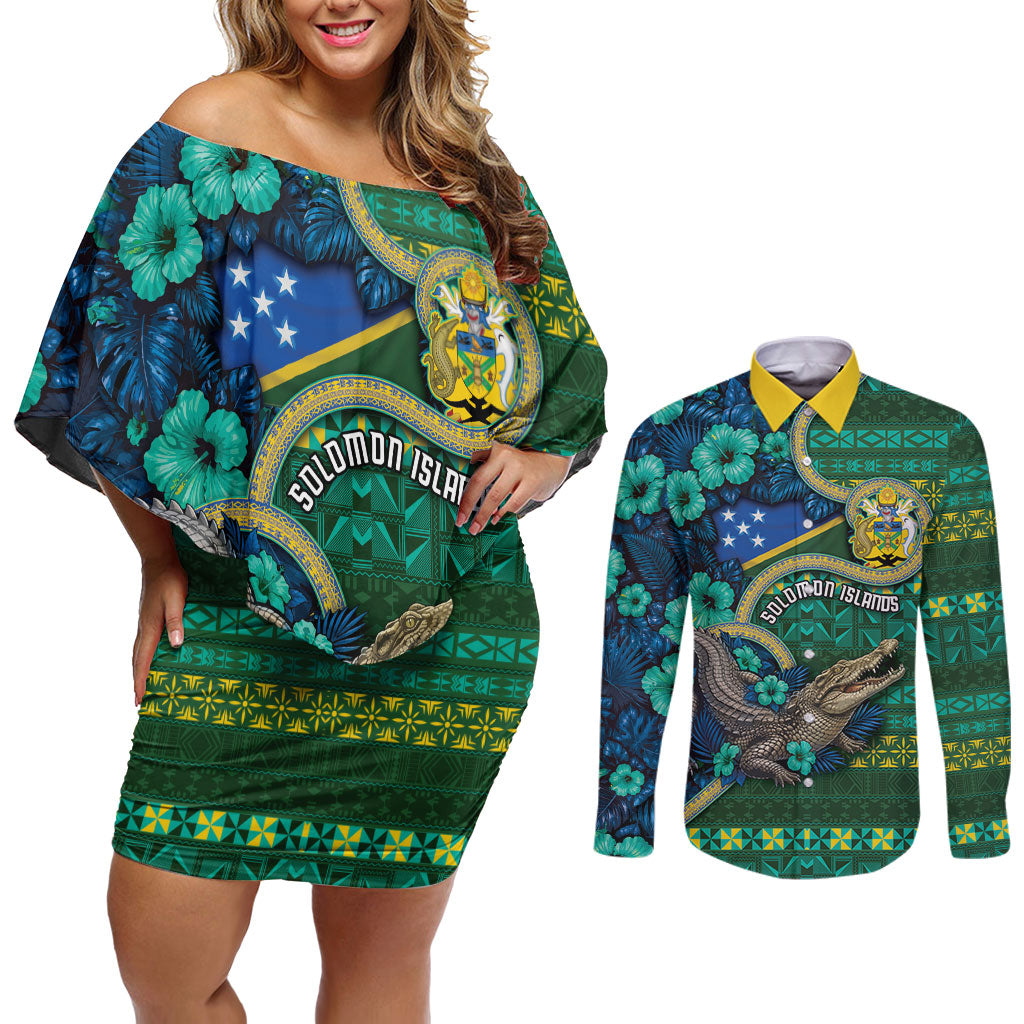 Personalised Solomon Islands Independence Day Couples Matching Off Shoulder Short Dress and Long Sleeve Button Shirt Crocodile Hibiscus Tribal Pattern DT05 Green - Polynesian Pride