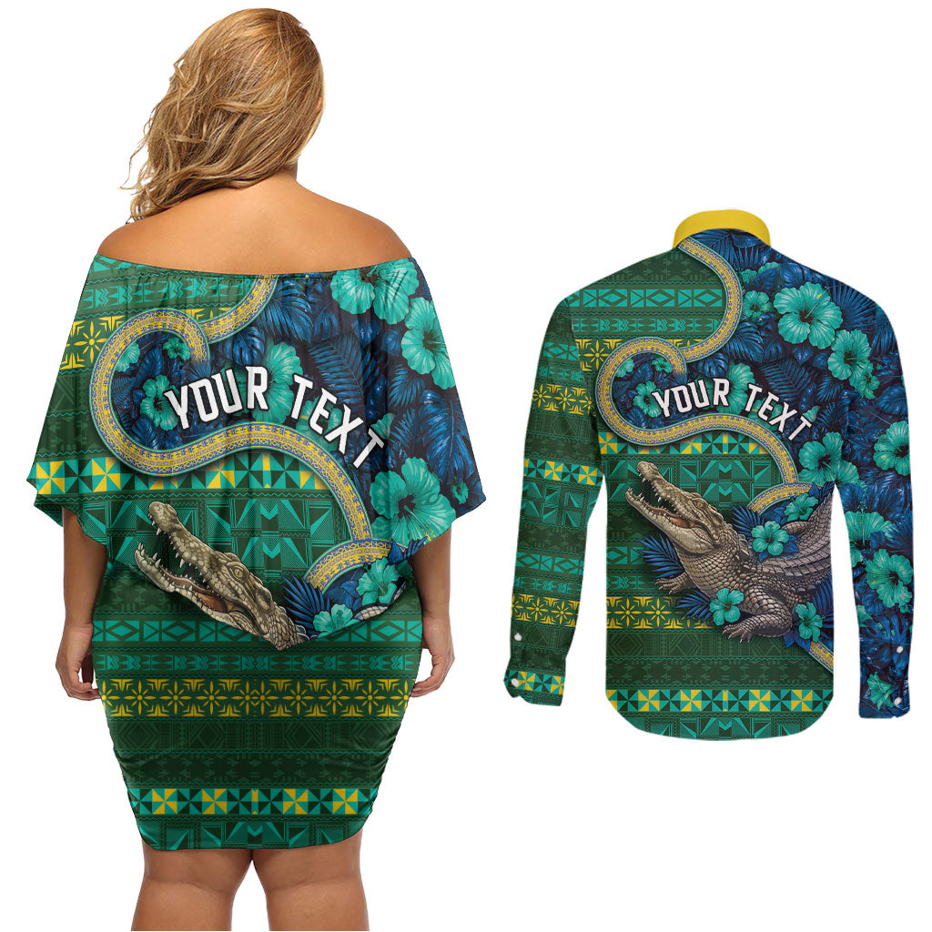 Personalised Solomon Islands Independence Day Couples Matching Off Shoulder Short Dress and Long Sleeve Button Shirt Crocodile Hibiscus Tribal Pattern DT05 - Polynesian Pride