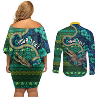 Personalised Solomon Islands Independence Day Couples Matching Off Shoulder Short Dress and Long Sleeve Button Shirt Crocodile Hibiscus Tribal Pattern DT05 - Polynesian Pride