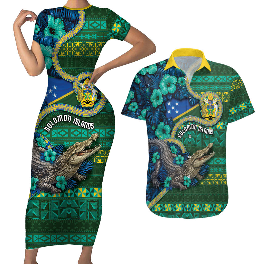 Personalised Solomon Islands Independence Day Couples Matching Short Sleeve Bodycon Dress and Hawaiian Shirt Crocodile Hibiscus Tribal Pattern DT05 Green - Polynesian Pride