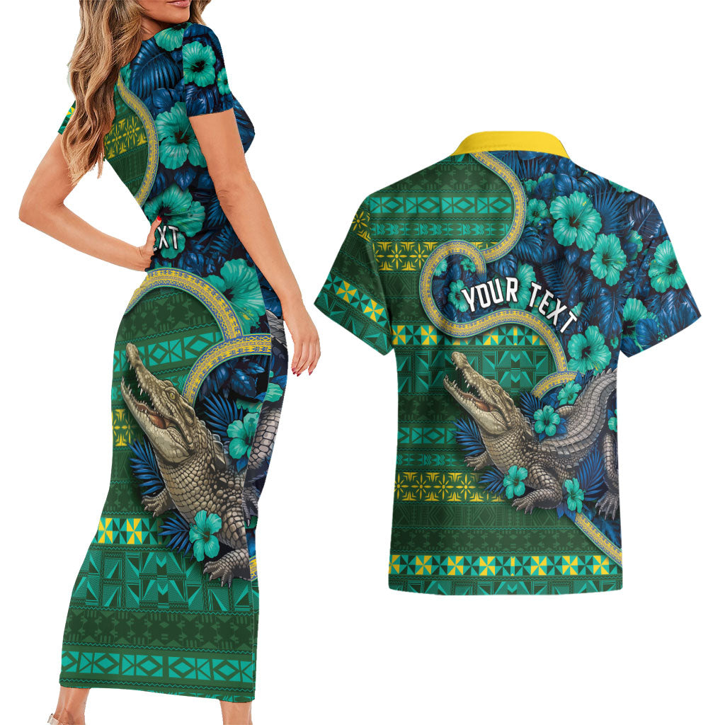 Personalised Solomon Islands Independence Day Couples Matching Short Sleeve Bodycon Dress and Hawaiian Shirt Crocodile Hibiscus Tribal Pattern DT05 - Polynesian Pride