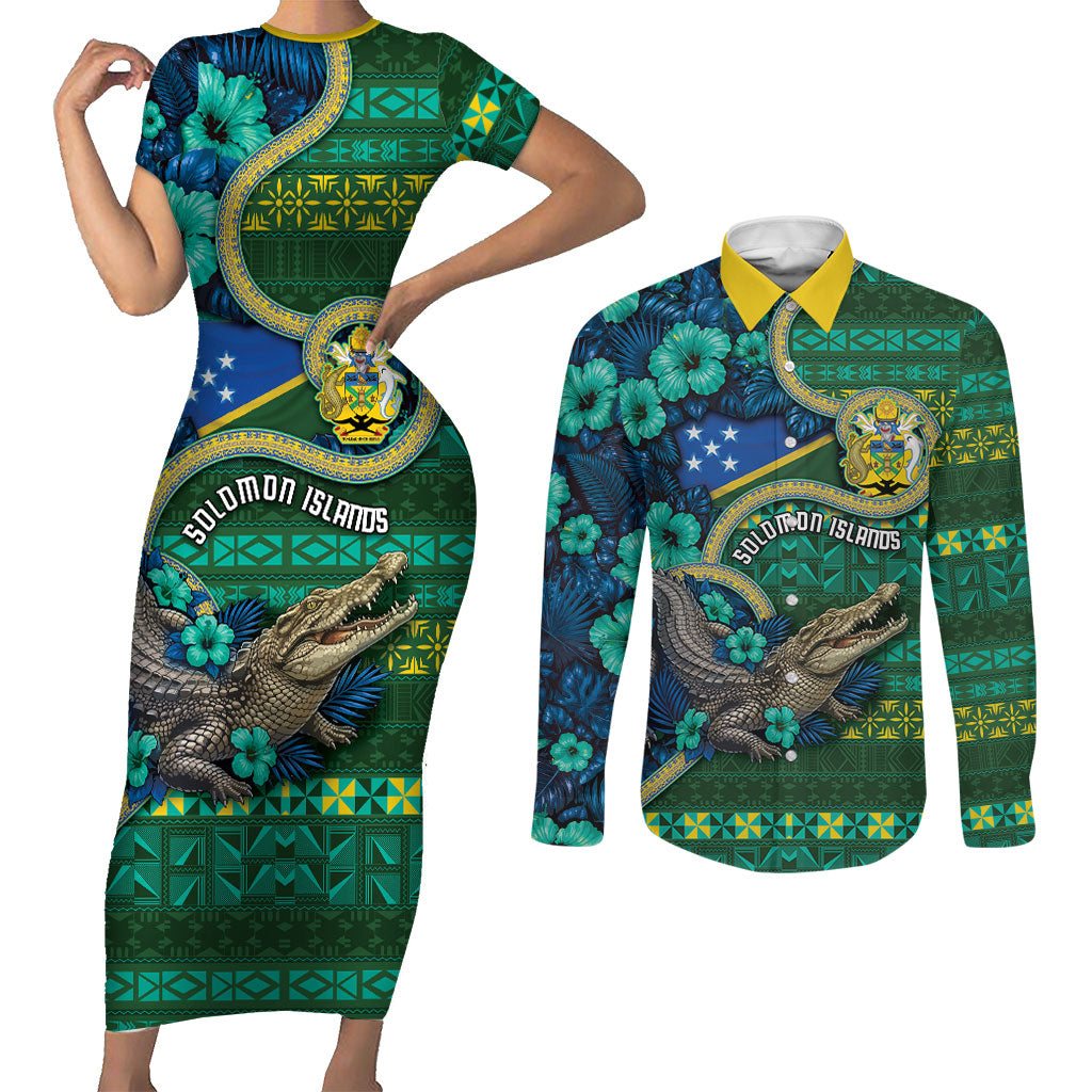 Personalised Solomon Islands Independence Day Couples Matching Short Sleeve Bodycon Dress and Long Sleeve Button Shirt Crocodile Hibiscus Tribal Pattern DT05 Green - Polynesian Pride