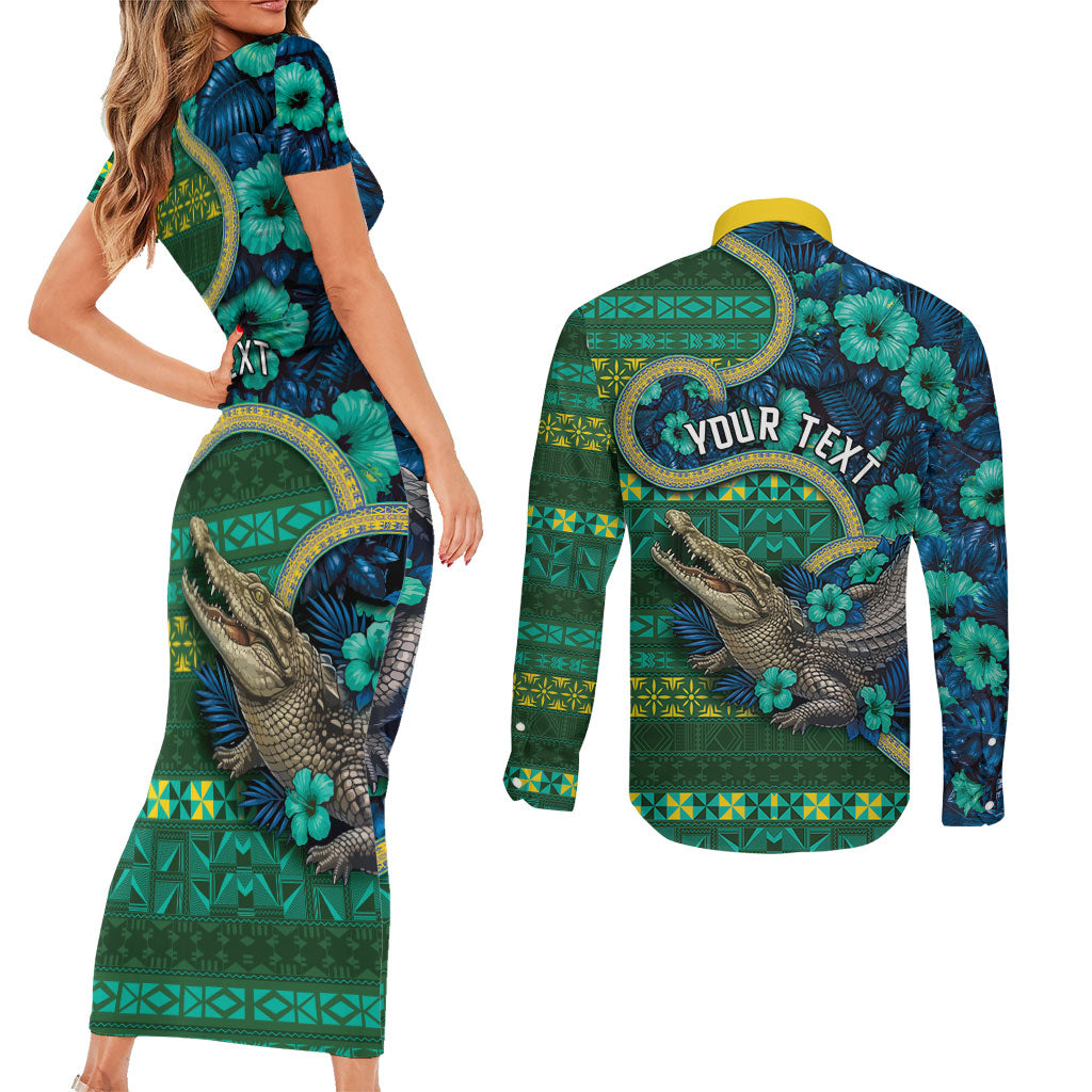 Personalised Solomon Islands Independence Day Couples Matching Short Sleeve Bodycon Dress and Long Sleeve Button Shirt Crocodile Hibiscus Tribal Pattern DT05 - Polynesian Pride