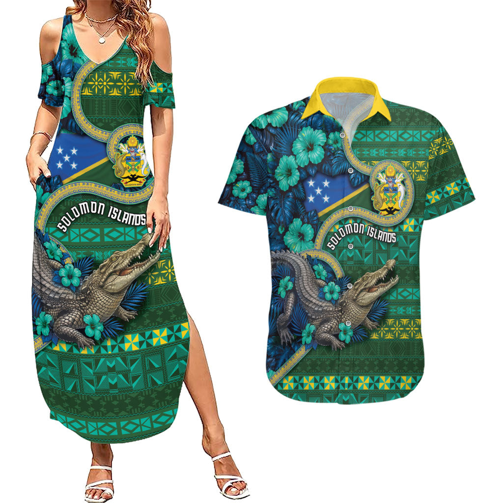 Personalised Solomon Islands Independence Day Couples Matching Summer Maxi Dress and Hawaiian Shirt Crocodile Hibiscus Tribal Pattern DT05 Green - Polynesian Pride