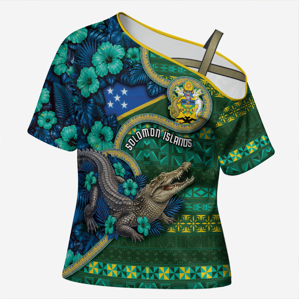 Personalised Solomon Islands Independence Day Cross Shoulder Shirt Crocodile Hibiscus Tribal Pattern DT05 Female Green - Polynesian Pride