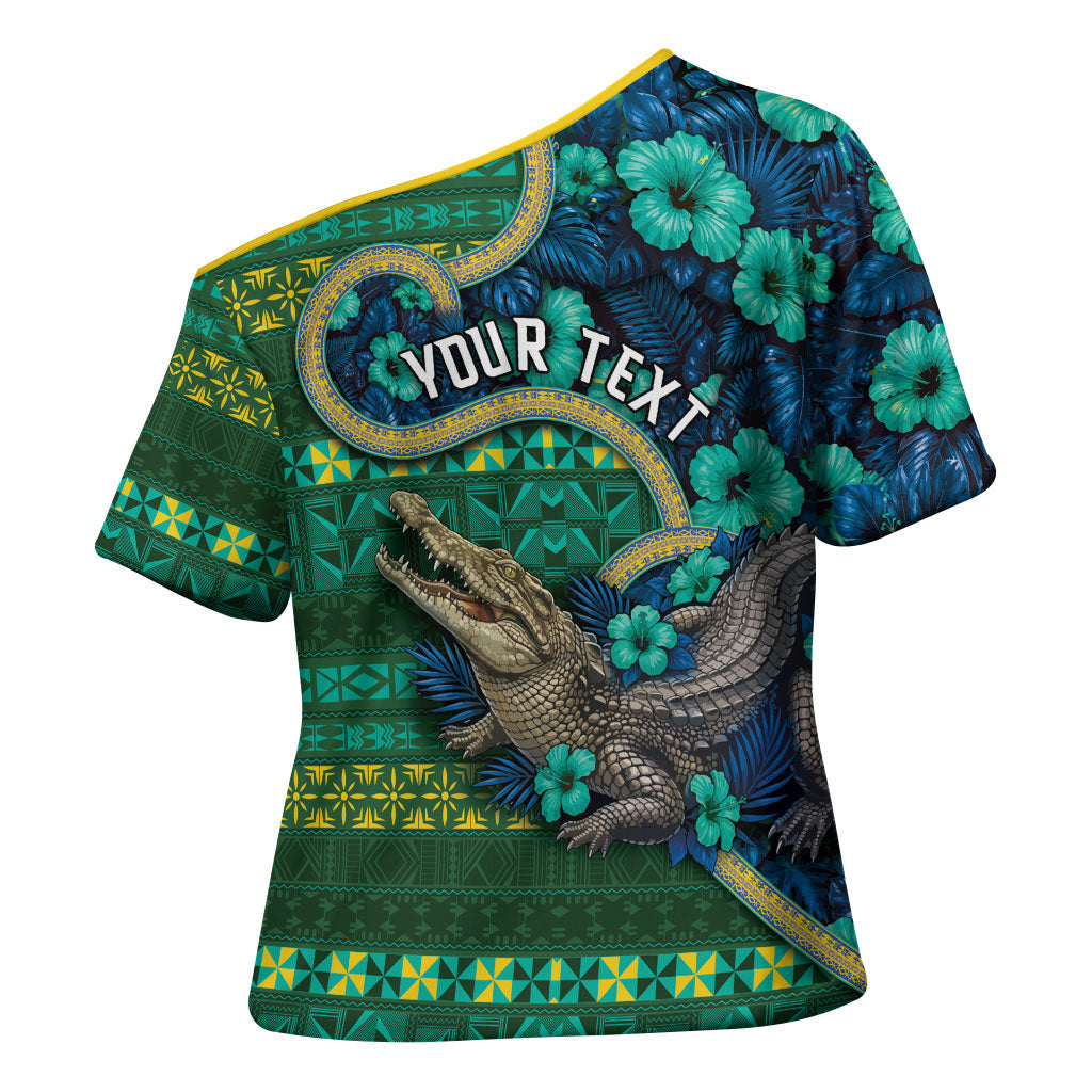 Personalised Solomon Islands Independence Day Cross Shoulder Shirt Crocodile Hibiscus Tribal Pattern DT05 - Polynesian Pride