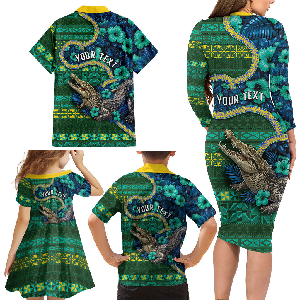 Personalised Solomon Islands Independence Day Family Matching Long Sleeve Bodycon Dress and Hawaiian Shirt Crocodile Hibiscus Tribal Pattern DT05 - Polynesian Pride