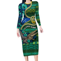 Personalised Solomon Islands Independence Day Family Matching Long Sleeve Bodycon Dress and Hawaiian Shirt Crocodile Hibiscus Tribal Pattern DT05 Mom's Dress Green - Polynesian Pride
