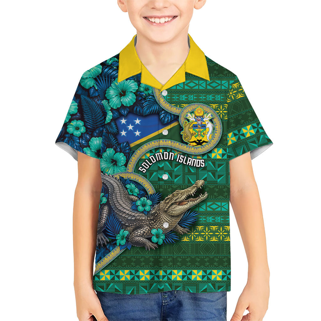 Personalised Solomon Islands Independence Day Family Matching Long Sleeve Bodycon Dress and Hawaiian Shirt Crocodile Hibiscus Tribal Pattern DT05 Son's Shirt Green - Polynesian Pride