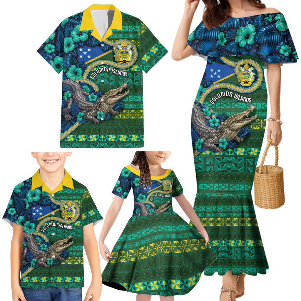 Personalised Solomon Islands Independence Day Family Matching Mermaid Dress and Hawaiian Shirt Crocodile Hibiscus Tribal Pattern DT05 - Polynesian Pride
