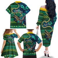 Personalised Solomon Islands Independence Day Family Matching Off The Shoulder Long Sleeve Dress and Hawaiian Shirt Crocodile Hibiscus Tribal Pattern DT05 - Polynesian Pride