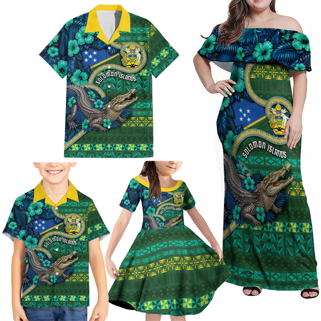 Personalised Solomon Islands Independence Day Family Matching Off Shoulder Maxi Dress and Hawaiian Shirt Crocodile Hibiscus Tribal Pattern DT05 - Polynesian Pride
